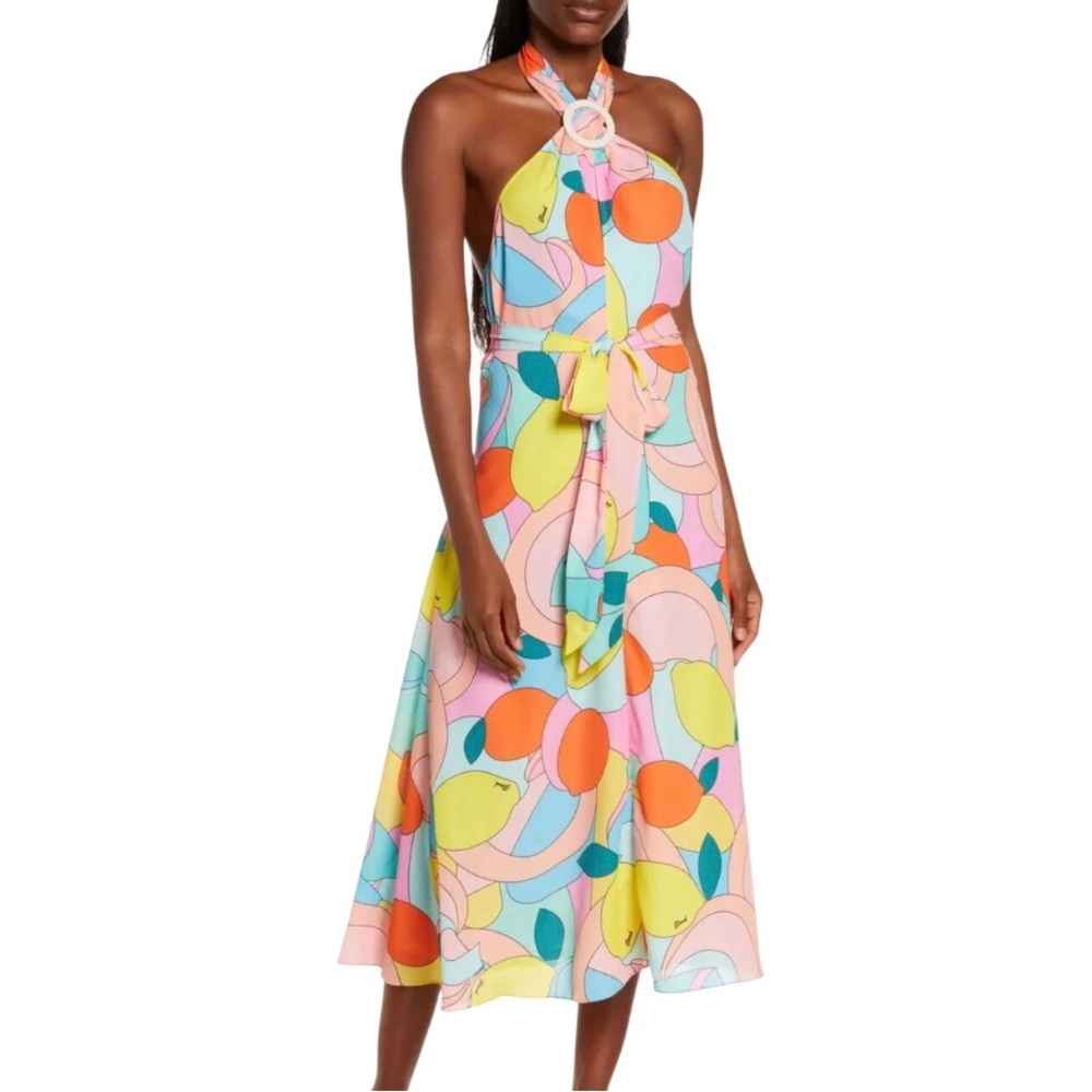 STAUD Kai Halter Midi Dress in Citrus Kaleidoscope Size XS